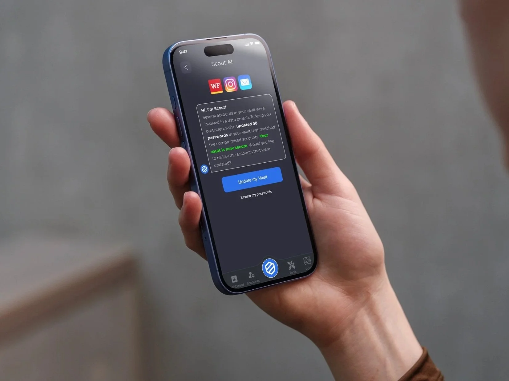 DFend on iPhone 16 in a woman’s hand with concrete backdrop